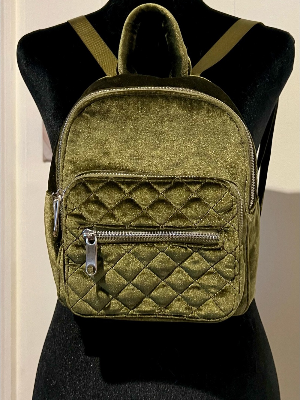 Mini Backpack Quilted Velvet Olive Green .  Measures 10x10.  3 compartments  B7